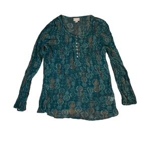 J. Jill Shirt Women's Extra Small Sheer Silk Blouse Long Sleeve Sheer Green Boho